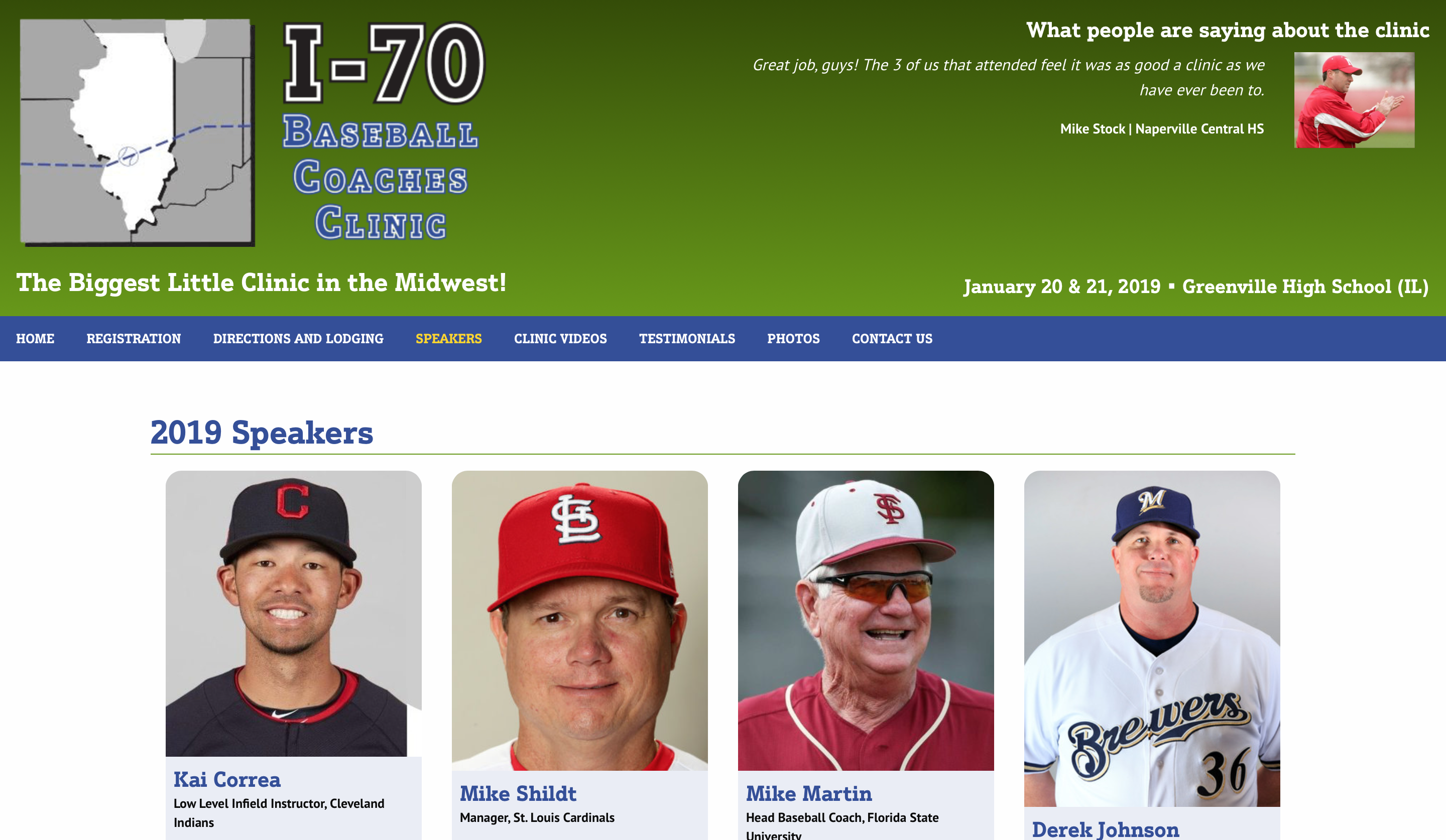 I-70 Baseball Coaches Clinic website speakers page screenshot